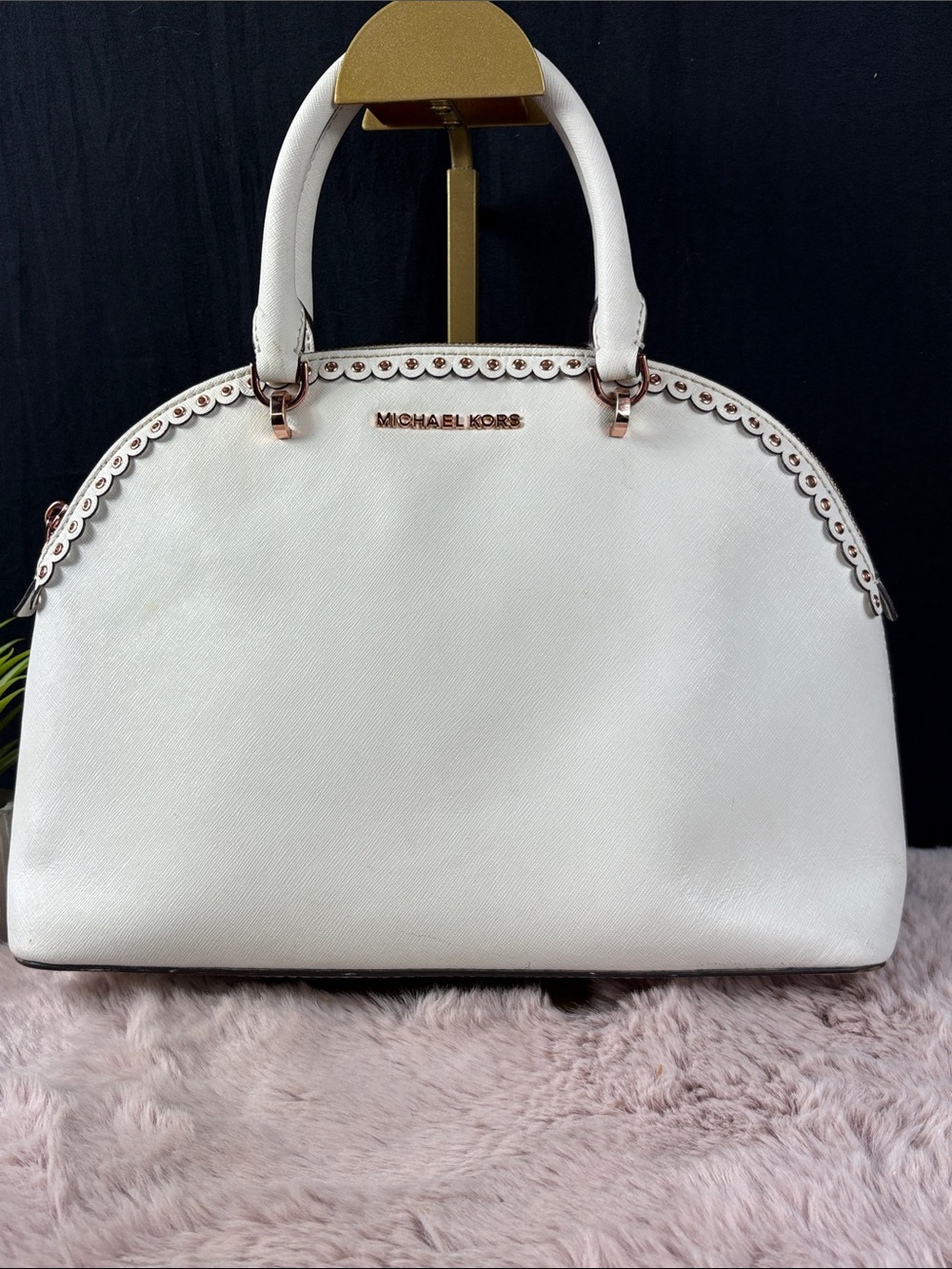 Michael Kors Optic White Emmy Large Dome Satchel Scalloped Studded Leather Bag